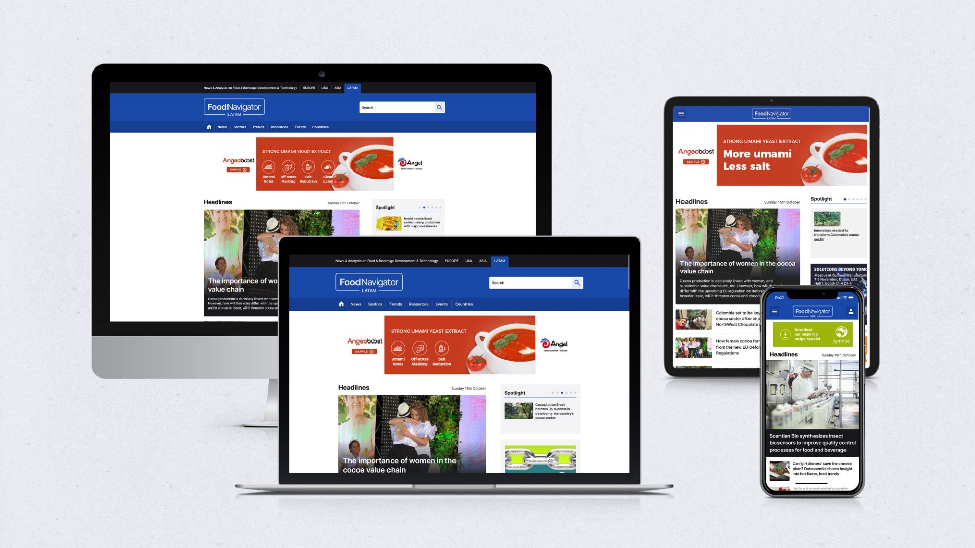 A mock-up of the foodnavigator homepage an imac screen, a macbook air screen, ipad pro screen and an iphone screen