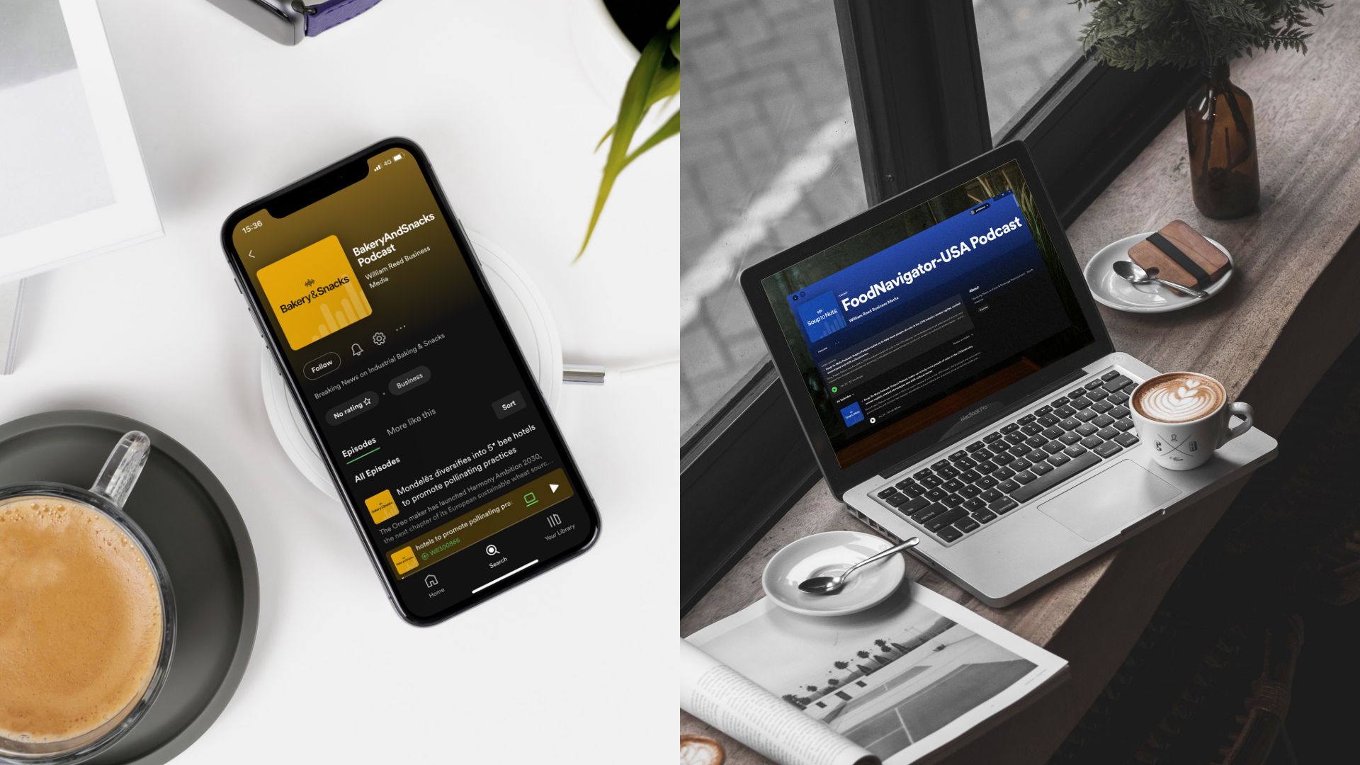 Global brand spotyigy podcast screengrab examples on a mobile mock-up and a laptop mock-up