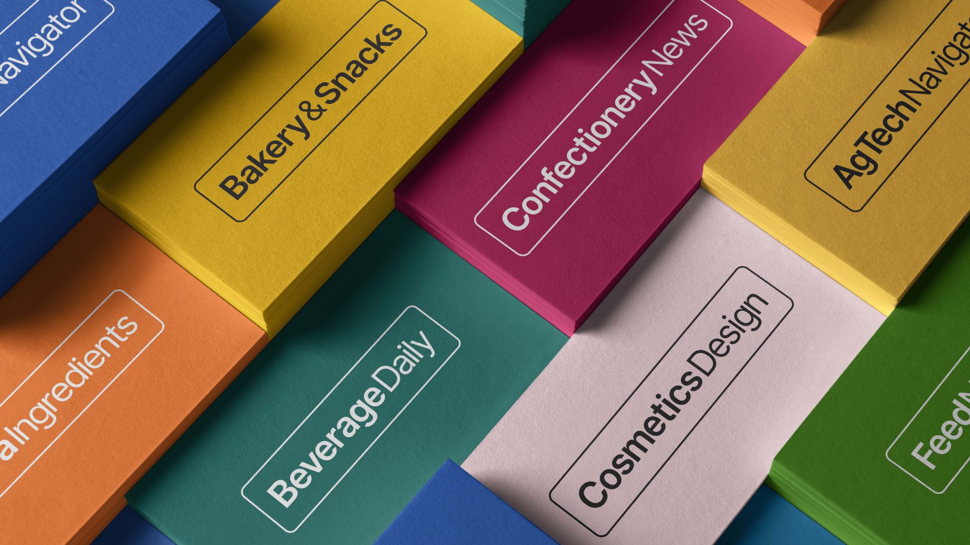 A collation of printed business cards with each brand printed on individual cards