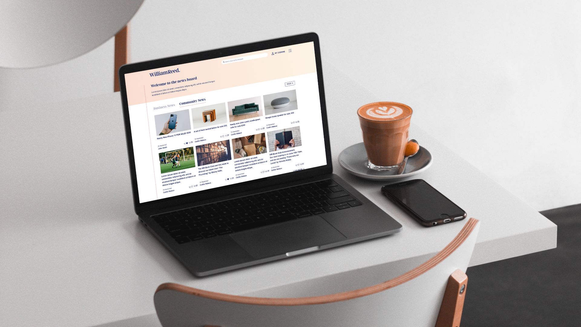 Mock-up image of the intranet community news page on a laptop screen