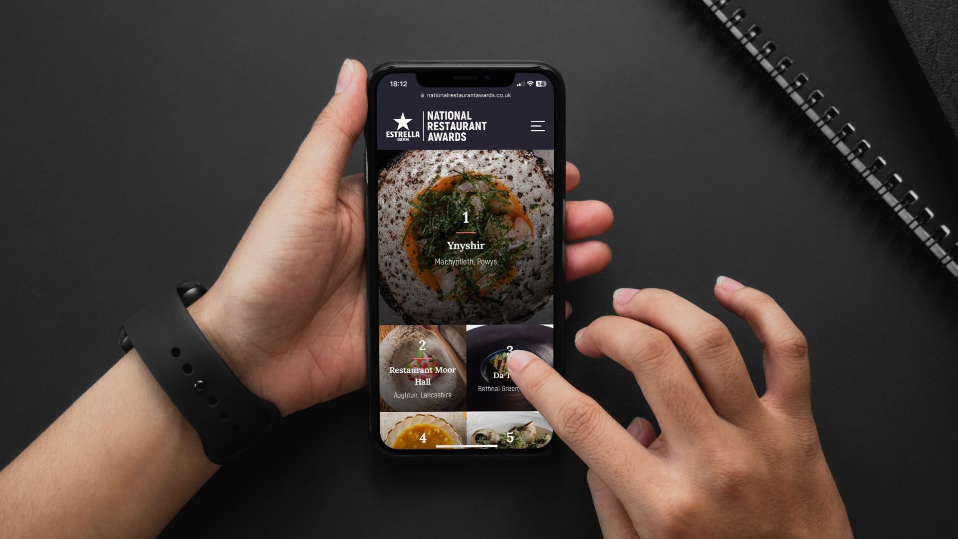 The list page on National Restaurant Awards displayed on a mobile screen