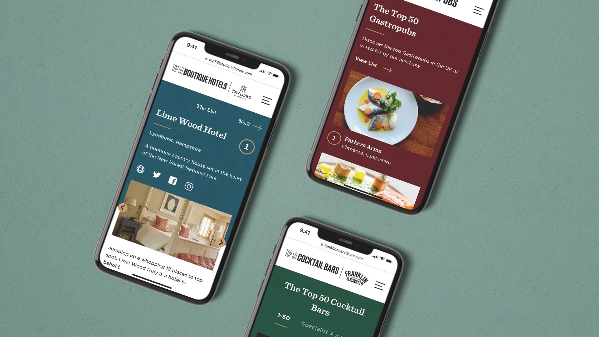Top 50 Boutique Hotels, Gastropubs and Cocktail Bars homepages on mobile
