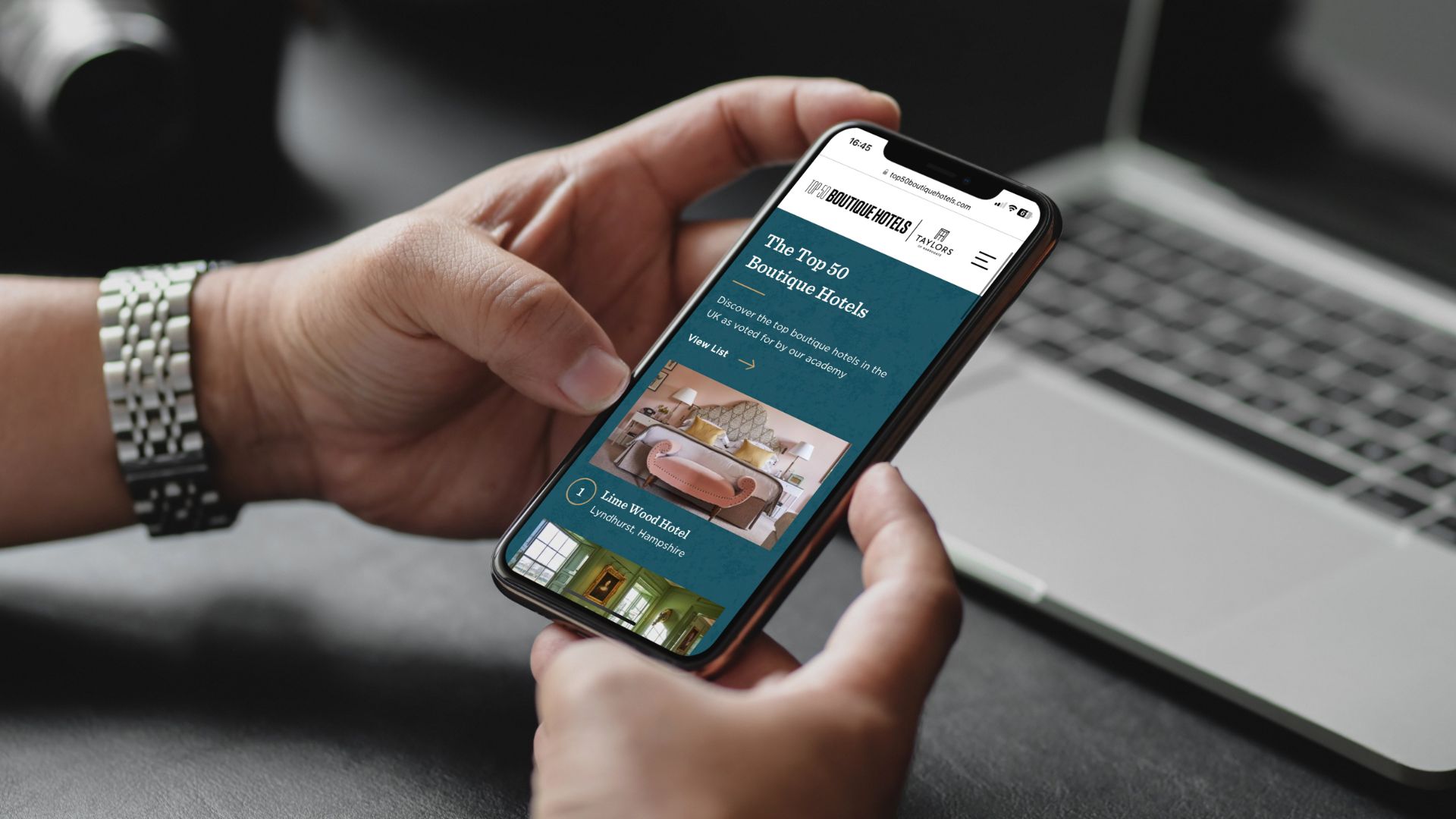 Mock-up image of the top 50 boutique hotels homepage on a mobile